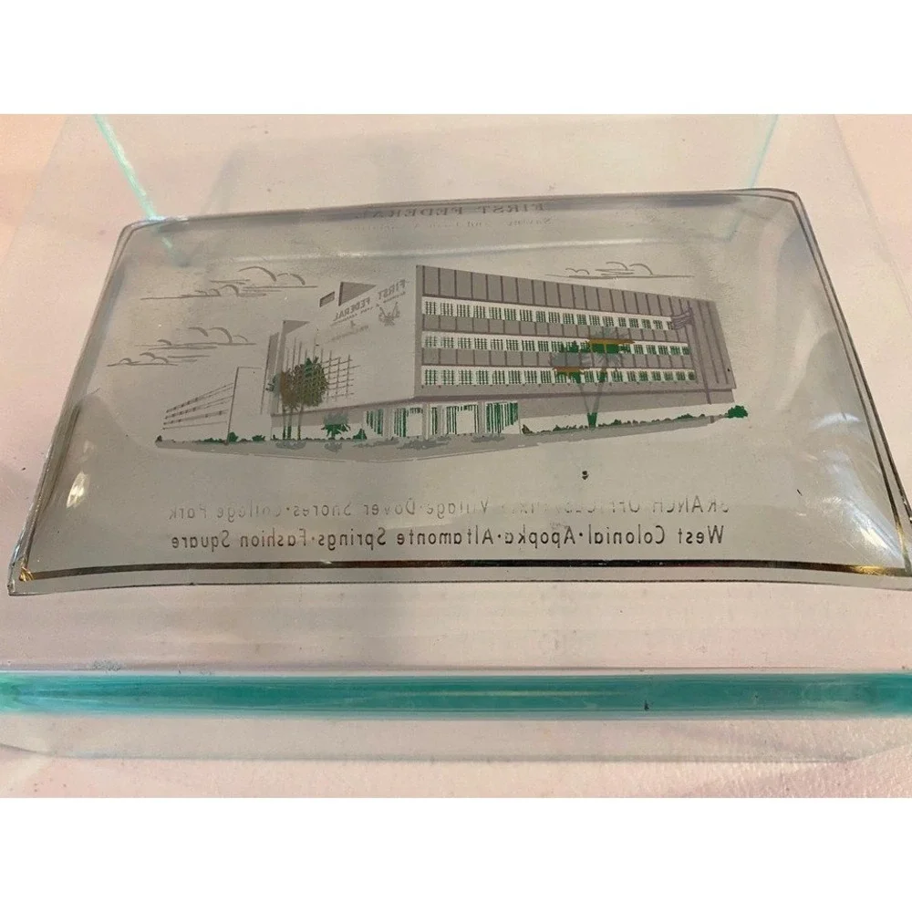 Vintage First Federal Savings Orlando Glass Trinket Tray Mid Century Bank Decor